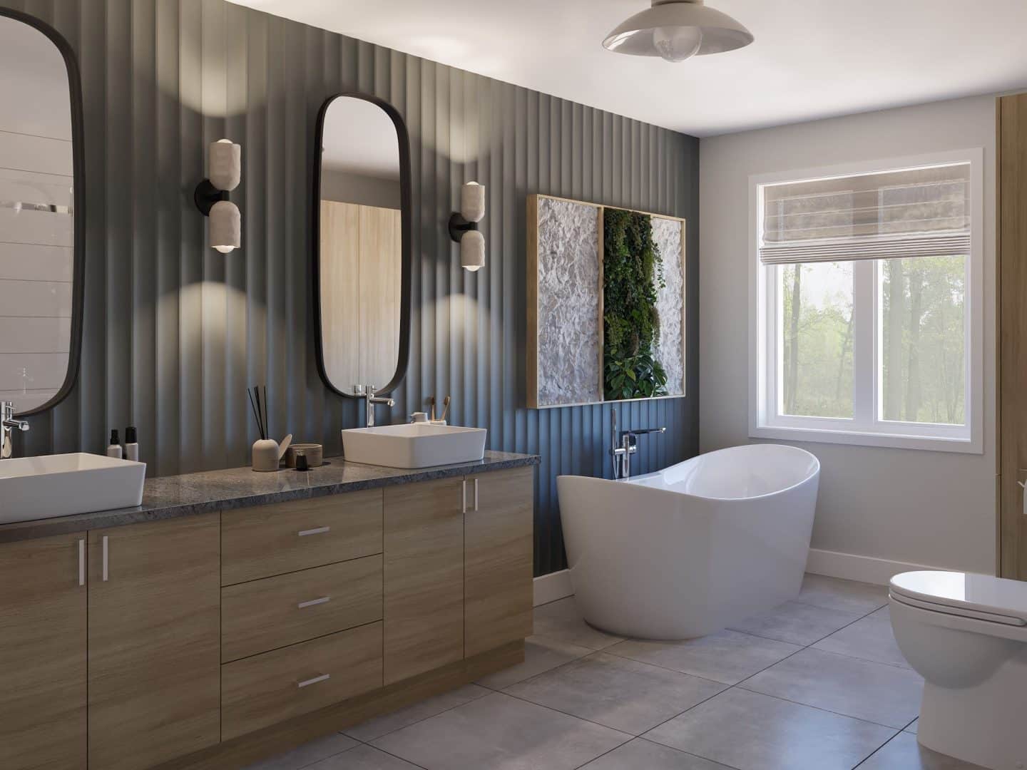 Le modèle Hera est un plain-pied de style scandinave. Vue de la salle de bain.