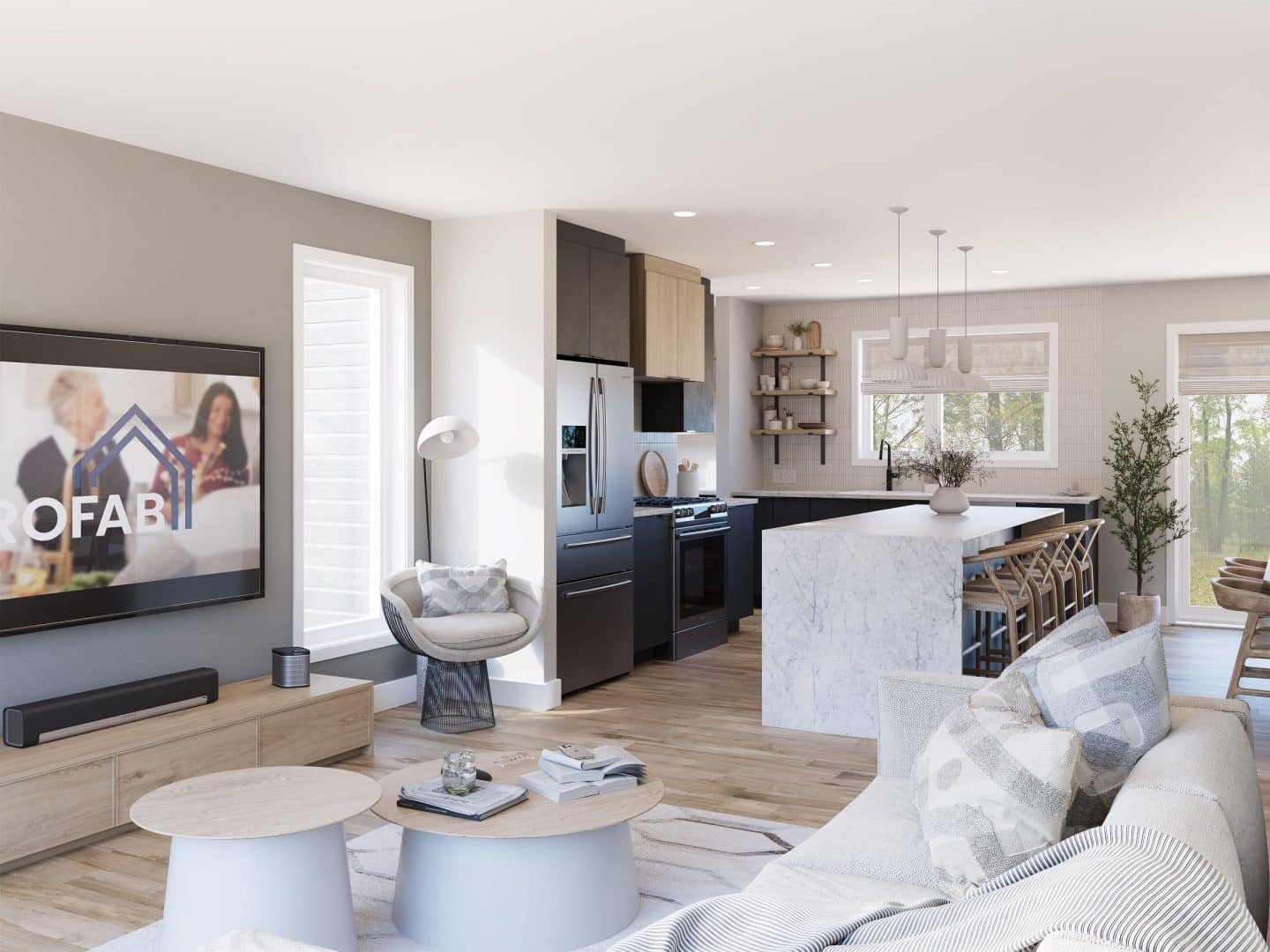 Le modèle Hera est un plain-pied de style scandinave. Vue du salon.