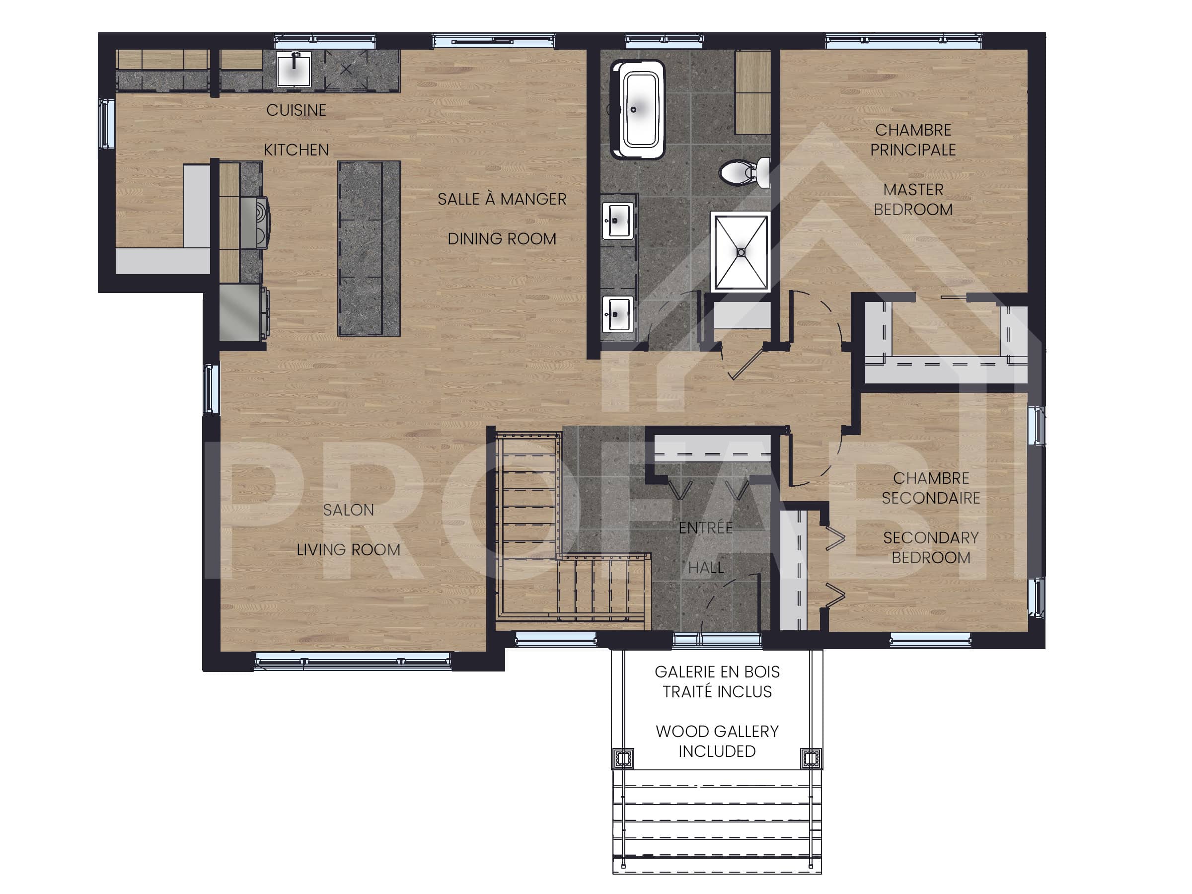Le modèle Hera est un plain-pied de style scandinave. Vue du plan 2D.