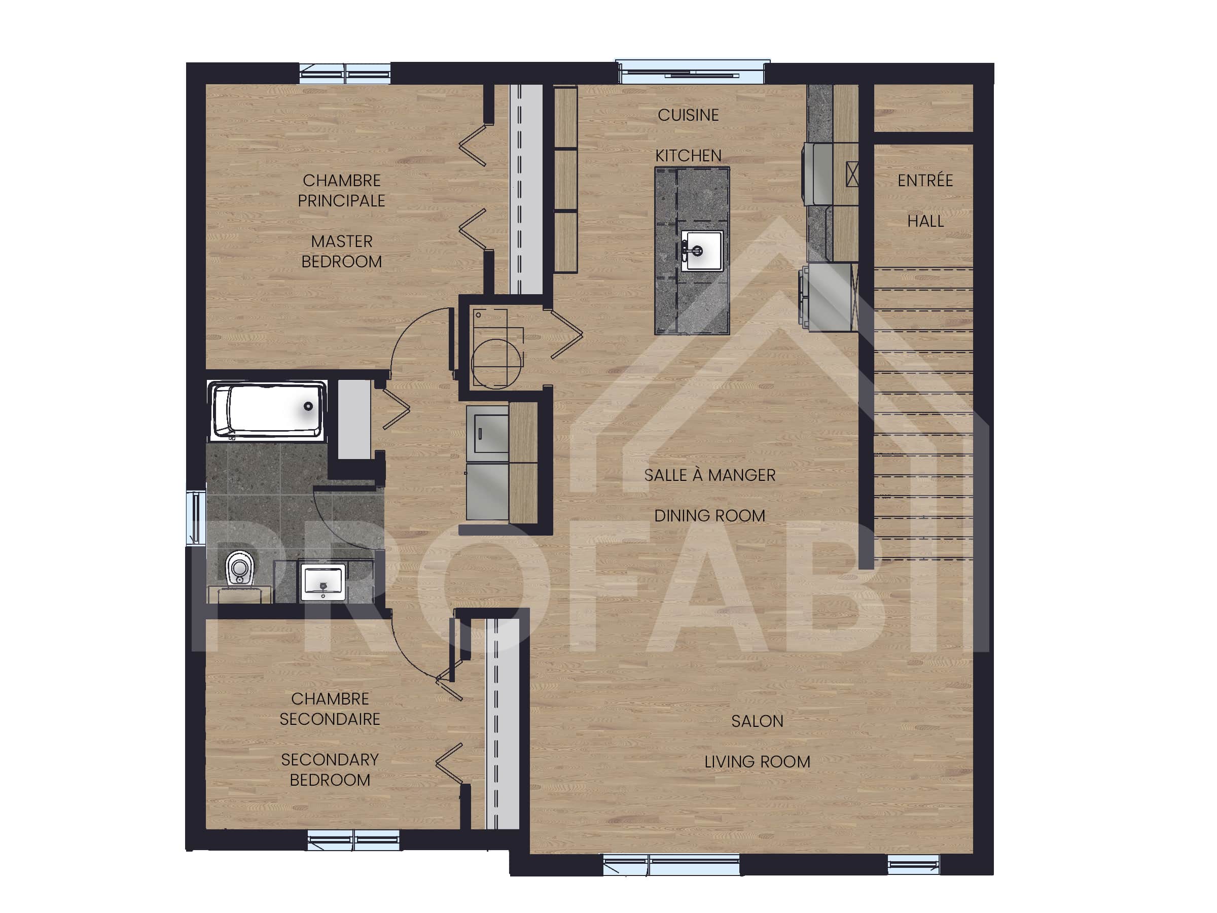 Modèle de triplex nommé Triton, des maisons qui peu être bi générationnel comme locatif de style classique. Vue du plan 2d de l'étage.