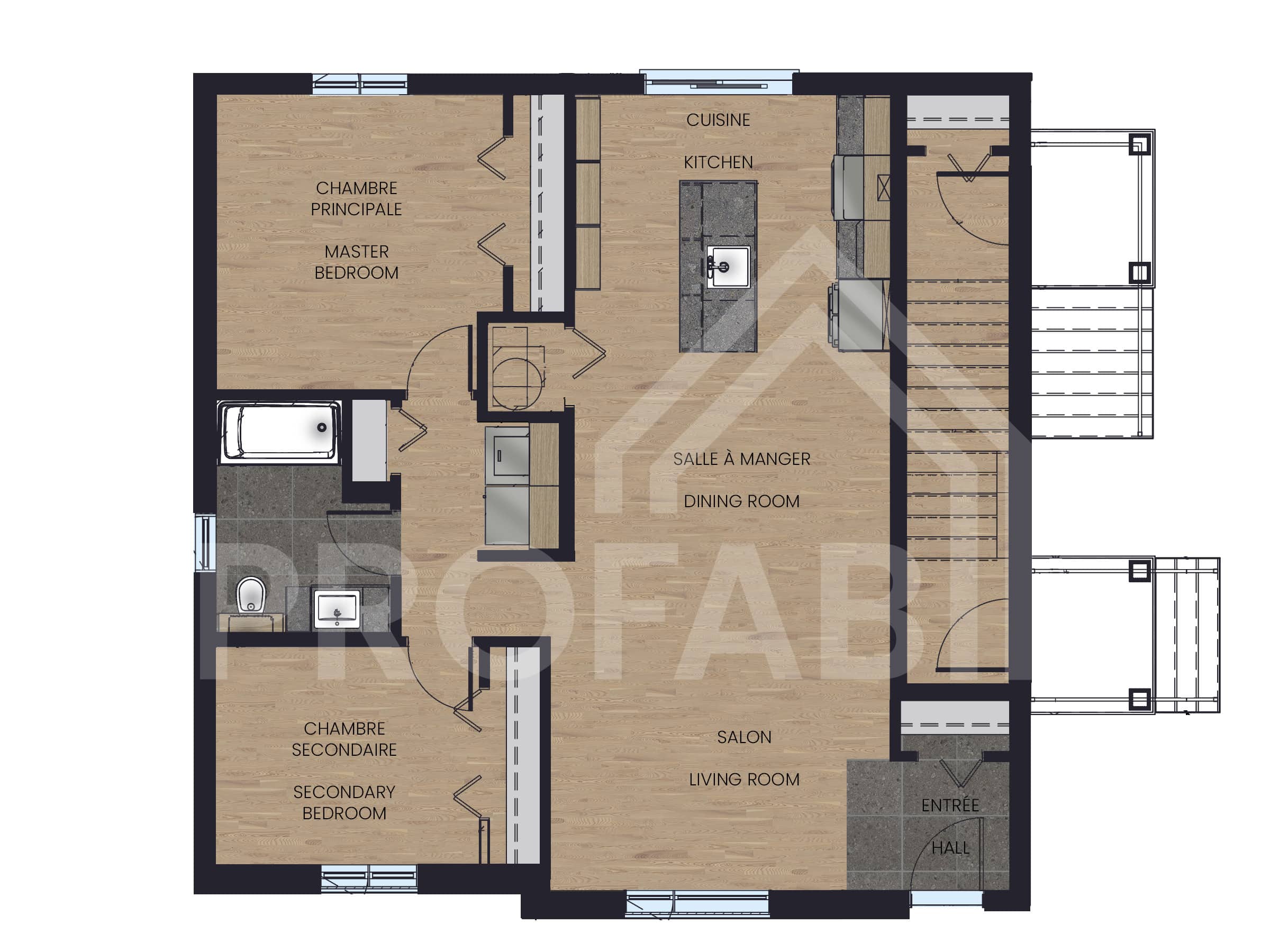 Modèle de triplex nommé Triton, des maisons qui peu être bi générationnel comme locatif de style classique. Vue du plan 2d du rez-de-chaussée.