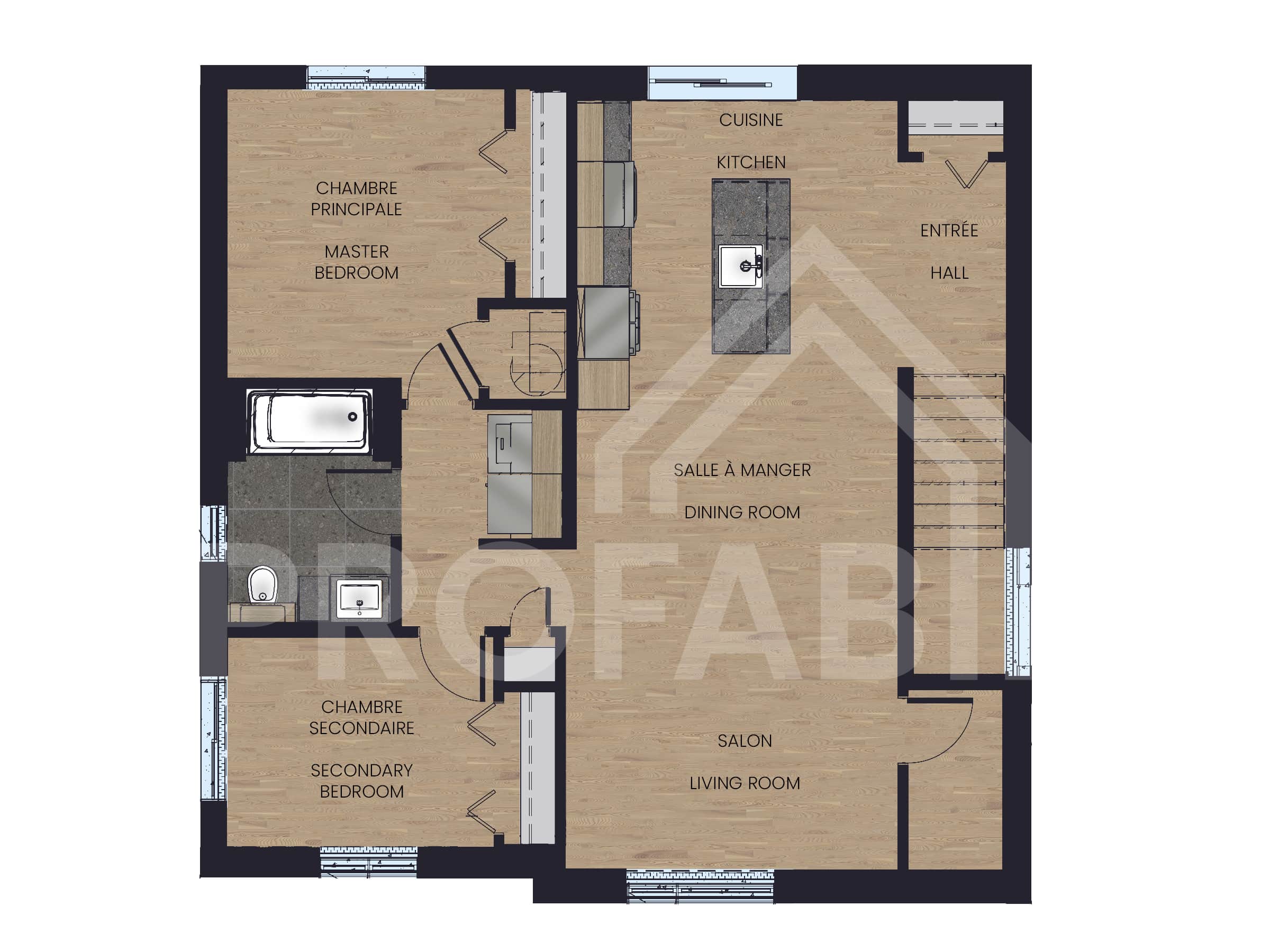 Modèle de triplex nommé Triton, des maisons qui peu être bi générationnel comme locatif de style classique. Vue du plan 2d du sous-sol.