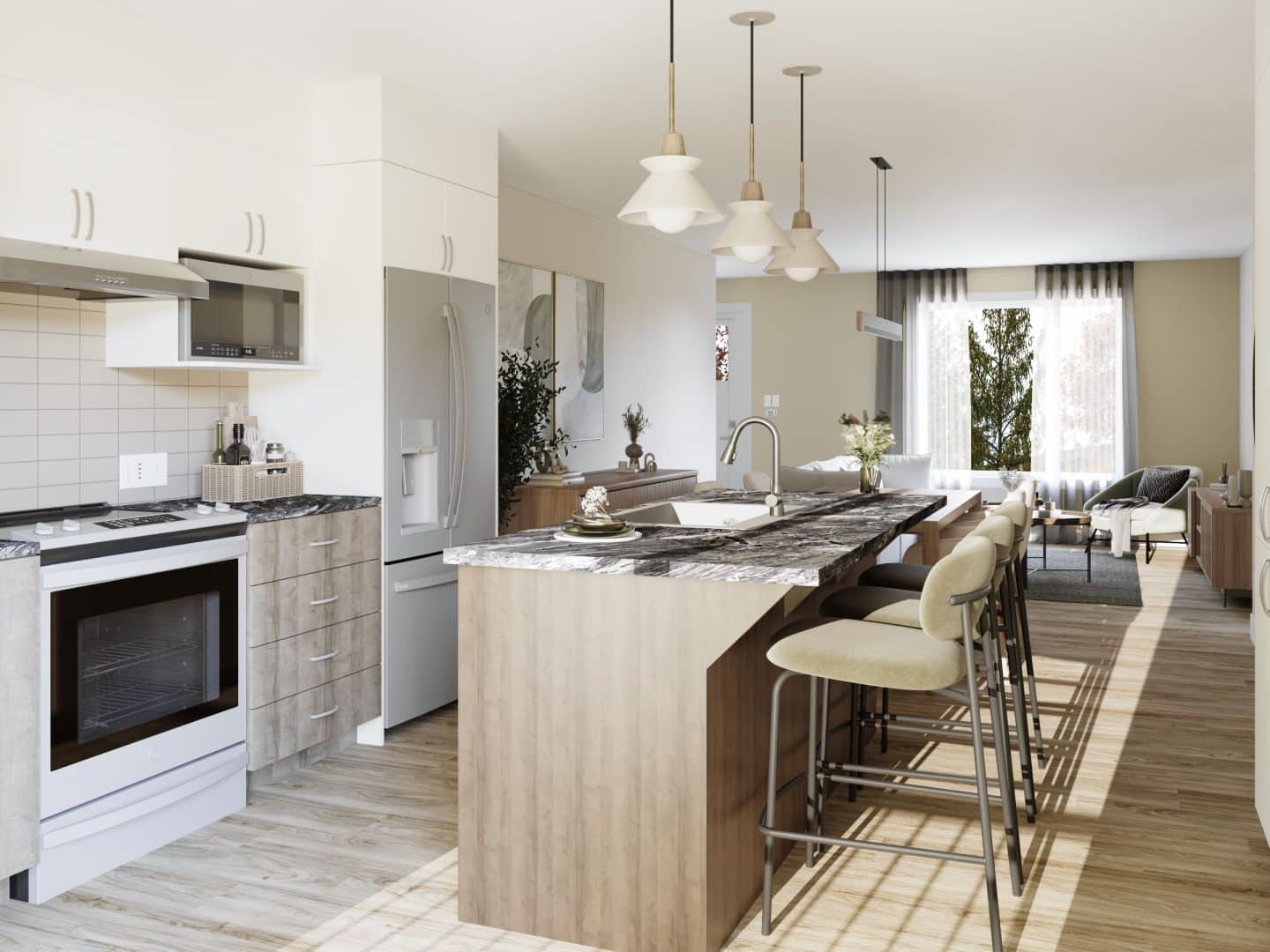 Modèle de triplex nommé Triton, des maisons qui peu être bi générationnel comme locatif de style classique. Vue de la cuisine.