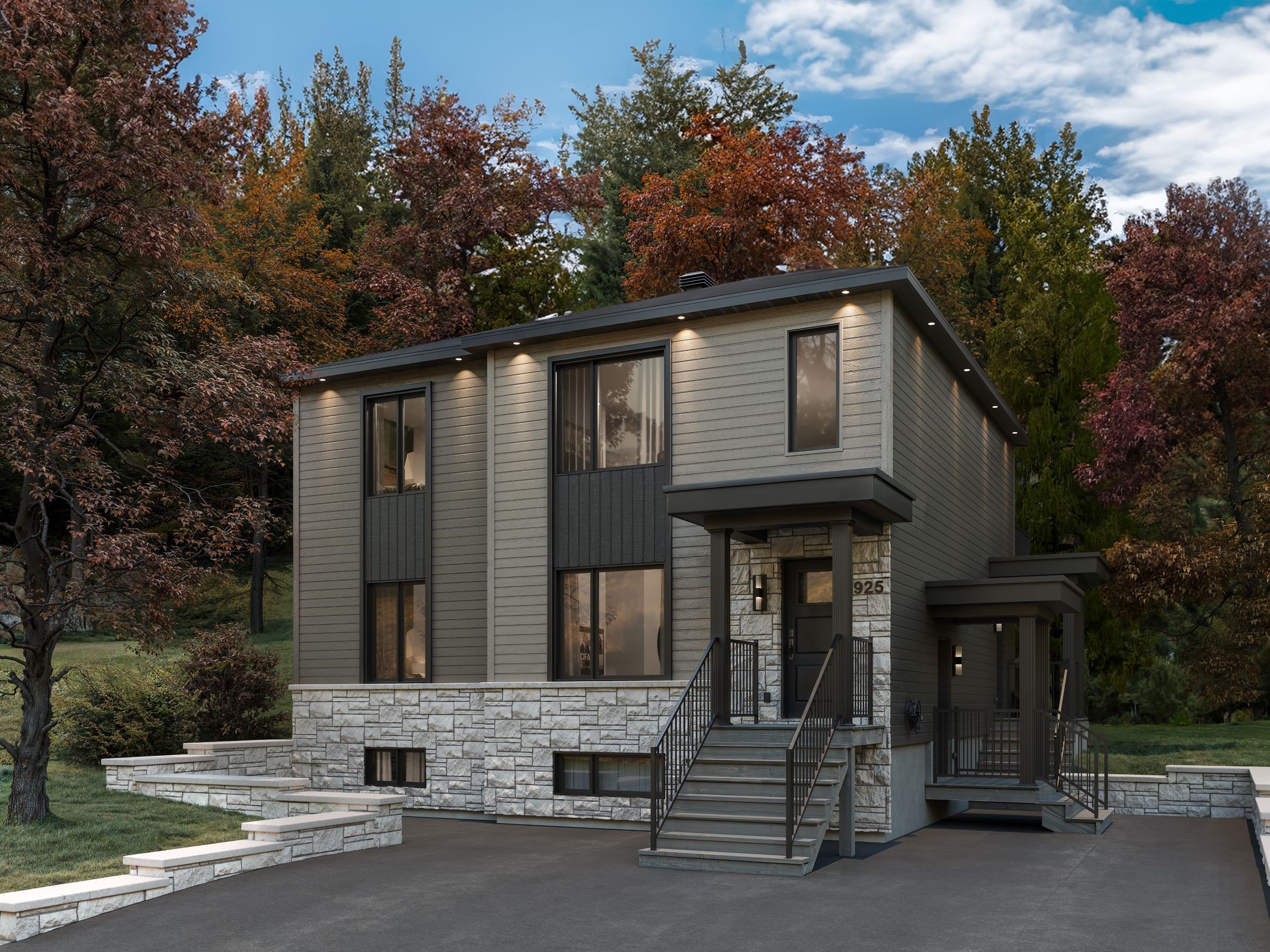 Modèle de triplex nommé Triton, des maisons qui peu être bi générationnel comme locatif de style classique. Vue de l'extérieur.