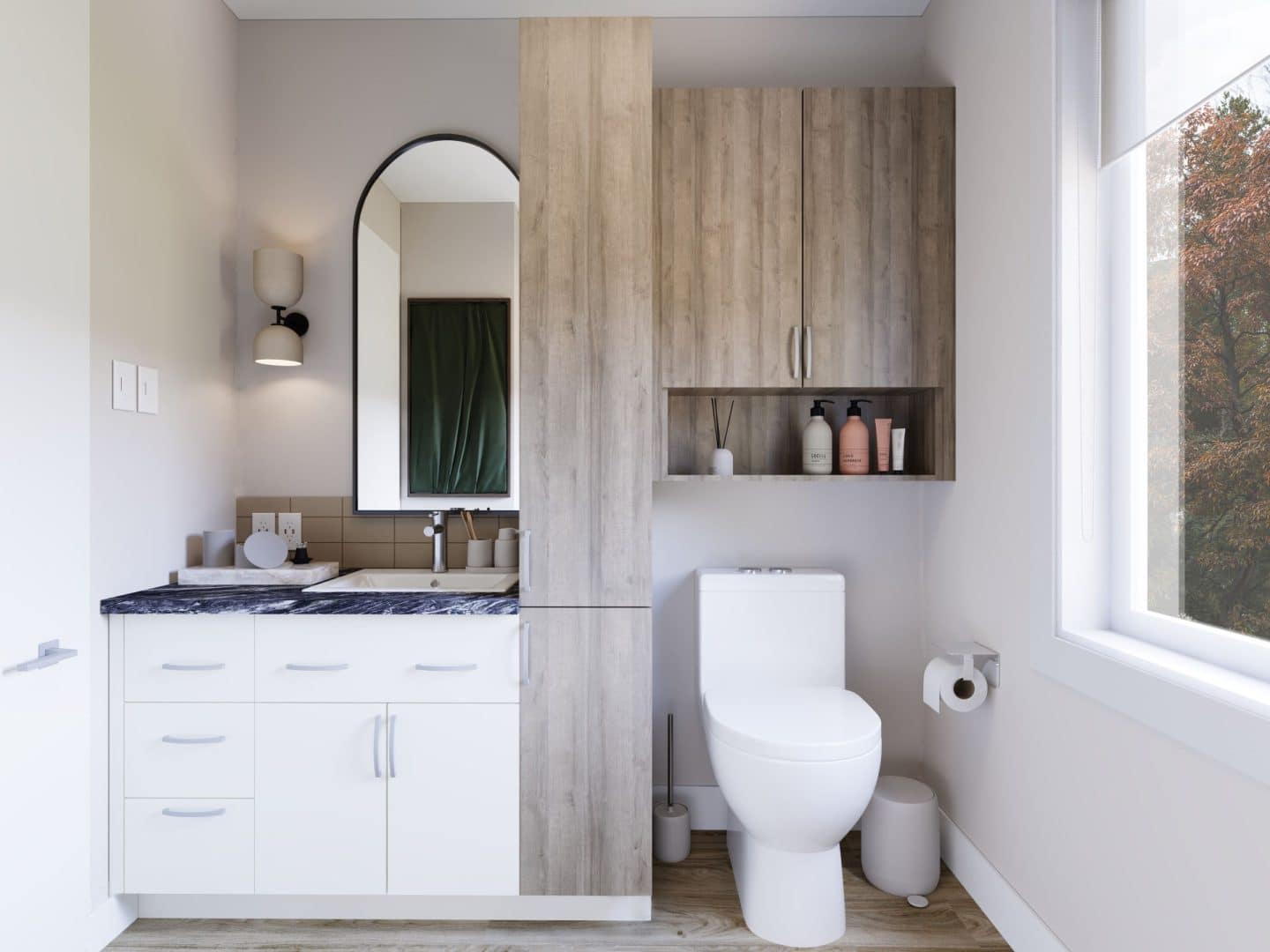 Modèle de triplex nommé Triton, des maisons qui peu être bi générationnel comme locatif de style classique. Vue de la salle de bain.