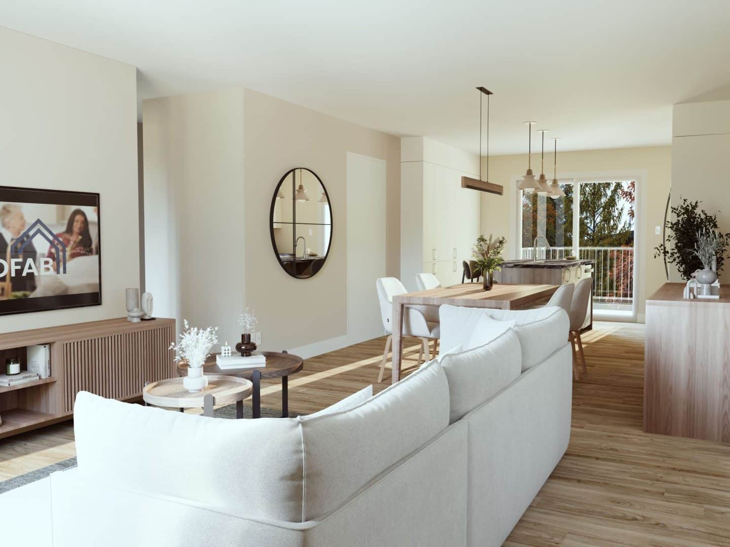 Modèle de triplex nommé Triton, des maisons qui peu être bi générationnel comme locatif de style classique. Vue du séjour.