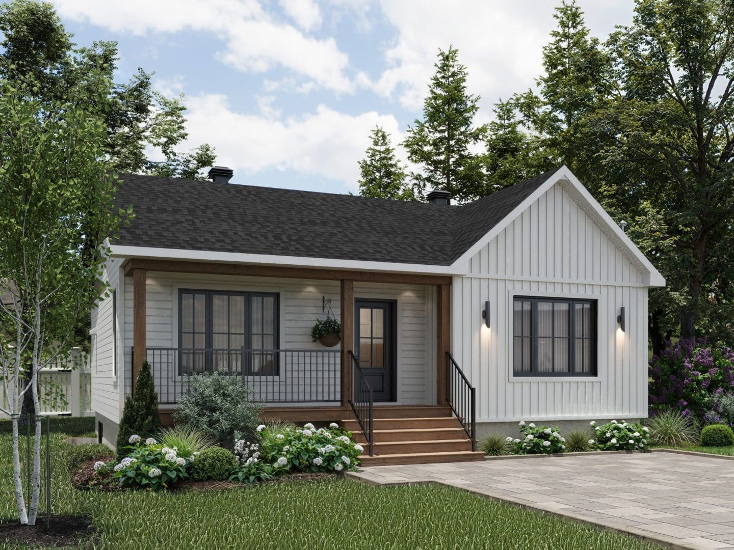 Le modèle Courtoise est un plain-pied de style Classique Farmhouse. Vue de l'extérieur.