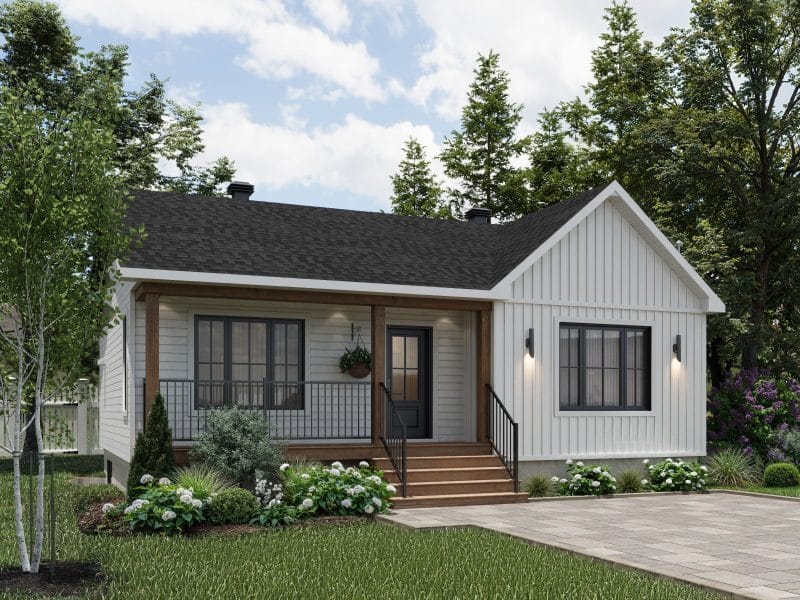 Le modèle Courtoise est un plain-pied de style Classique Farmhouse. Vue de l'extérieur.