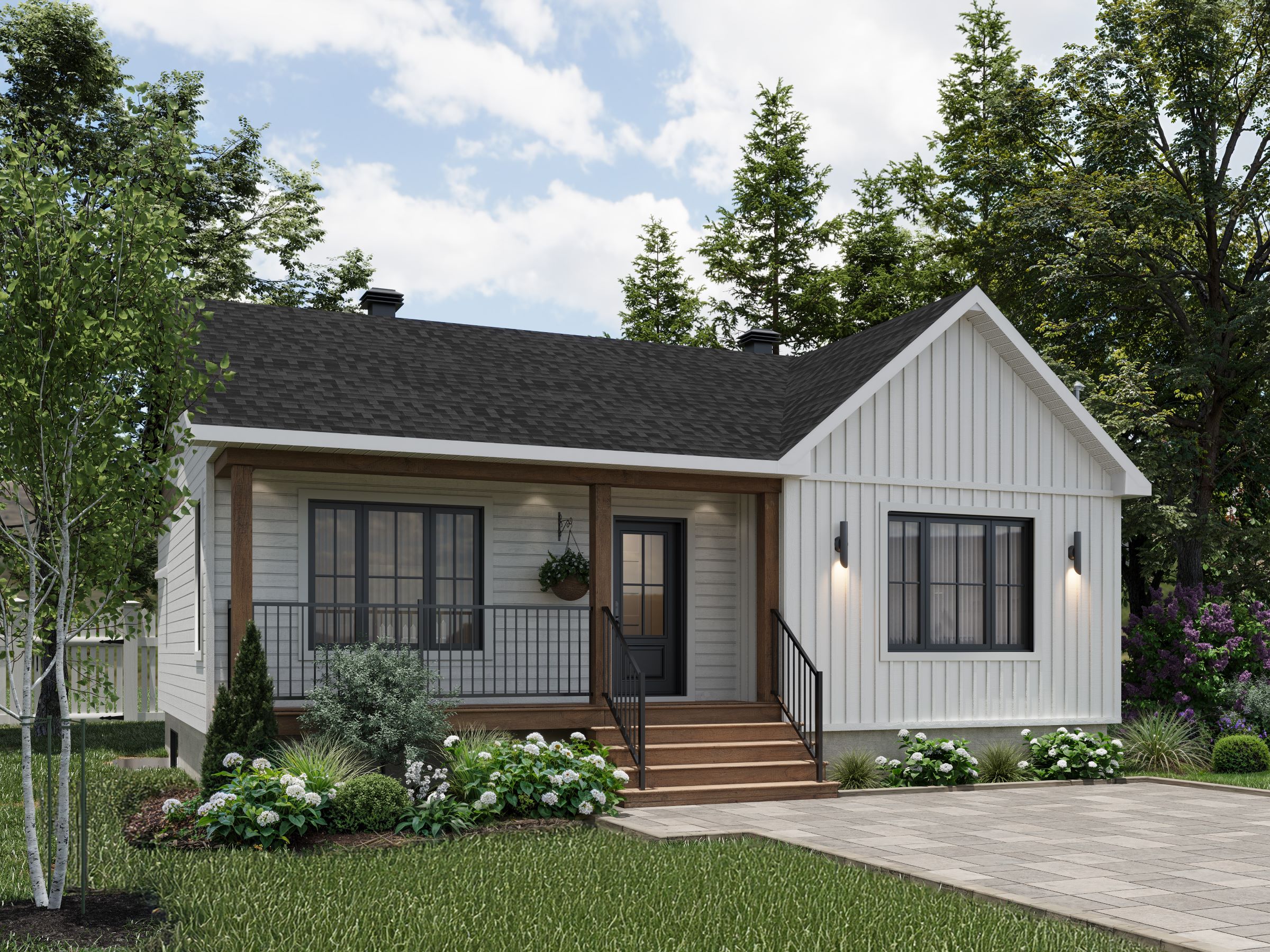 Le modèle Courtoise est un plain-pied de style Classique Farmhouse. Vue de l'extérieur.