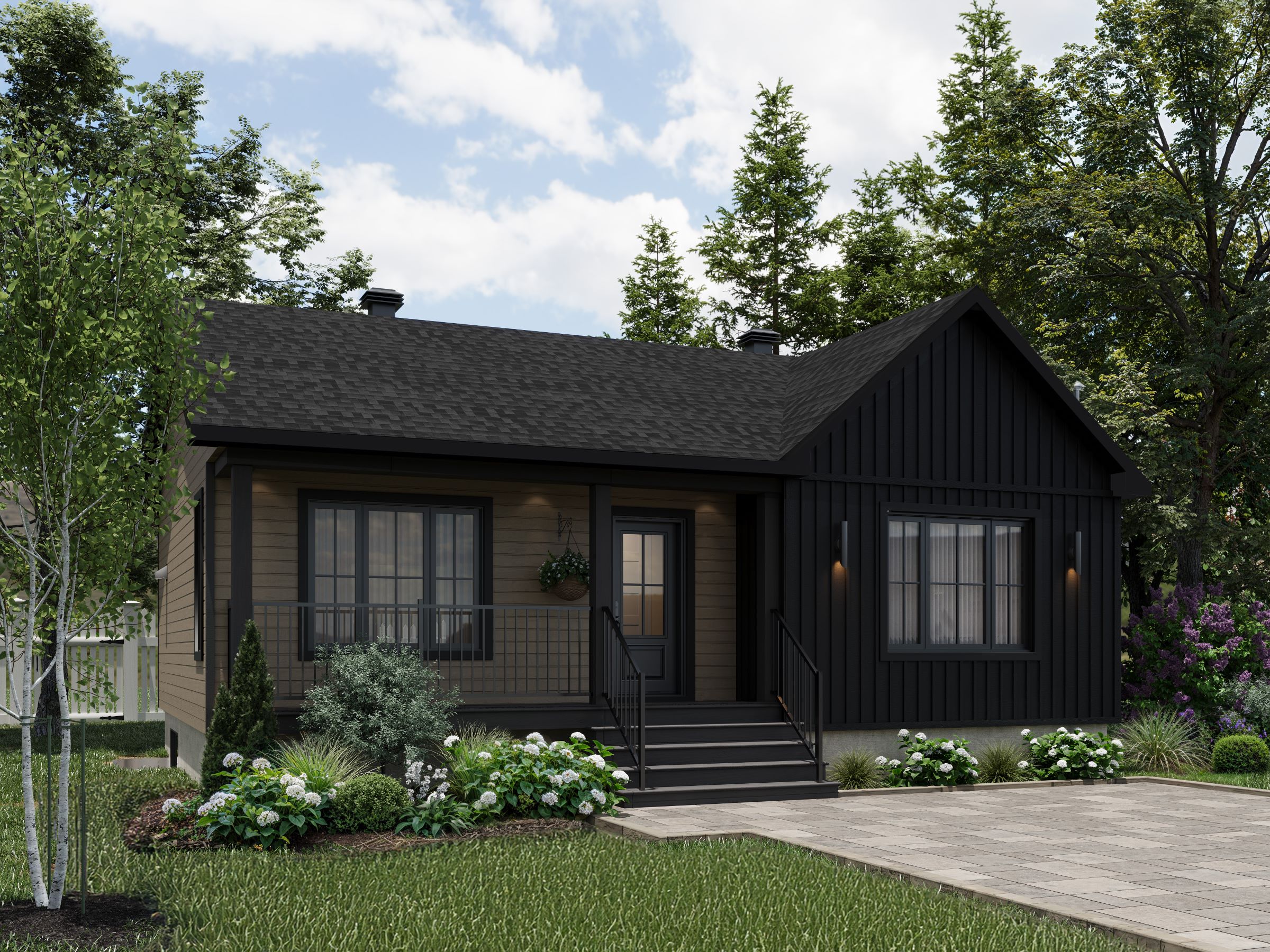 Le modèle Courtoise est un plain-pied de style Classique Farmhouse. Vue de l'extérieur.