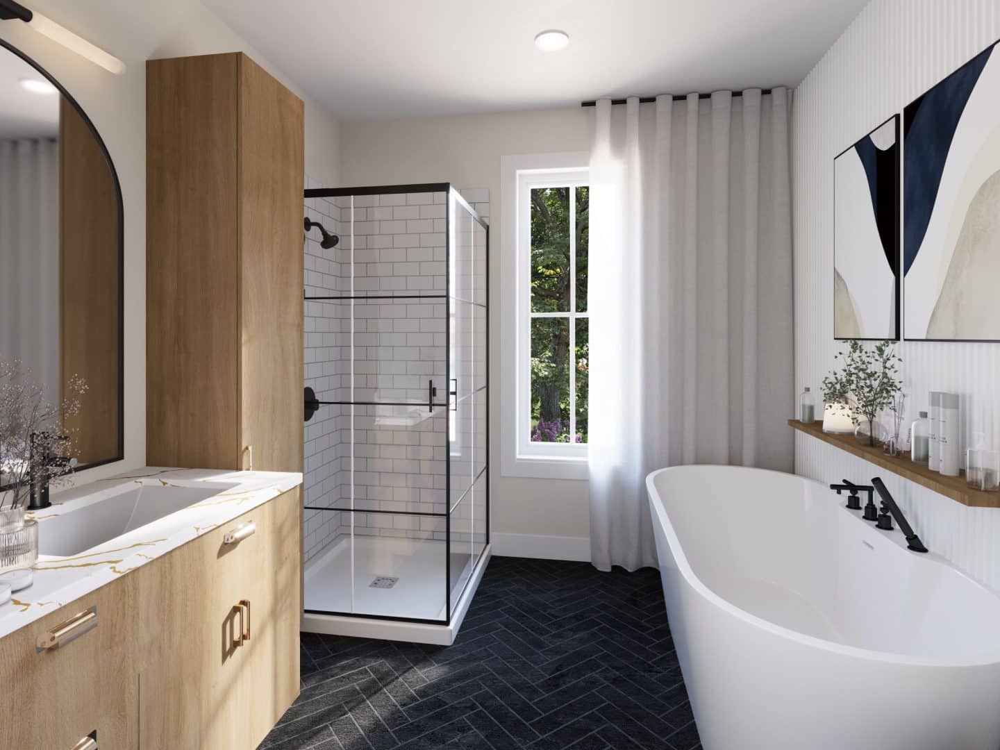 Le modèle Courtoise est un plain-pied de style Classique Farmhouse. Vue de la salle de bain.