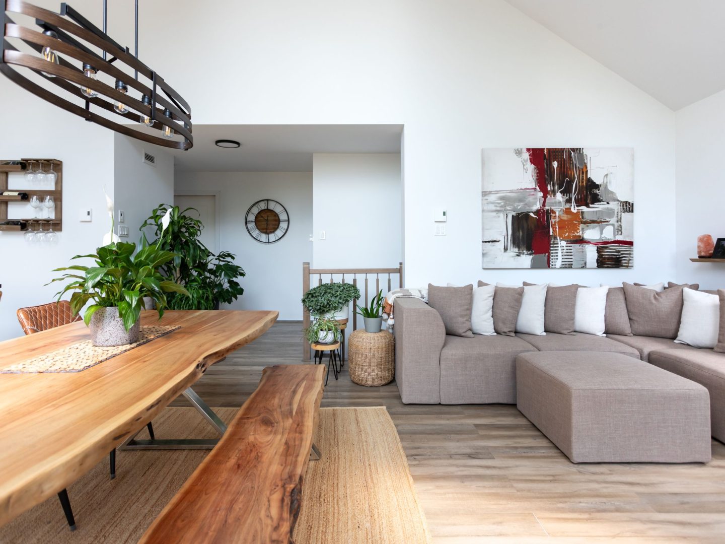 A realization of a chalet called Faucon. The second floor is classically styled, as seen from the living room.