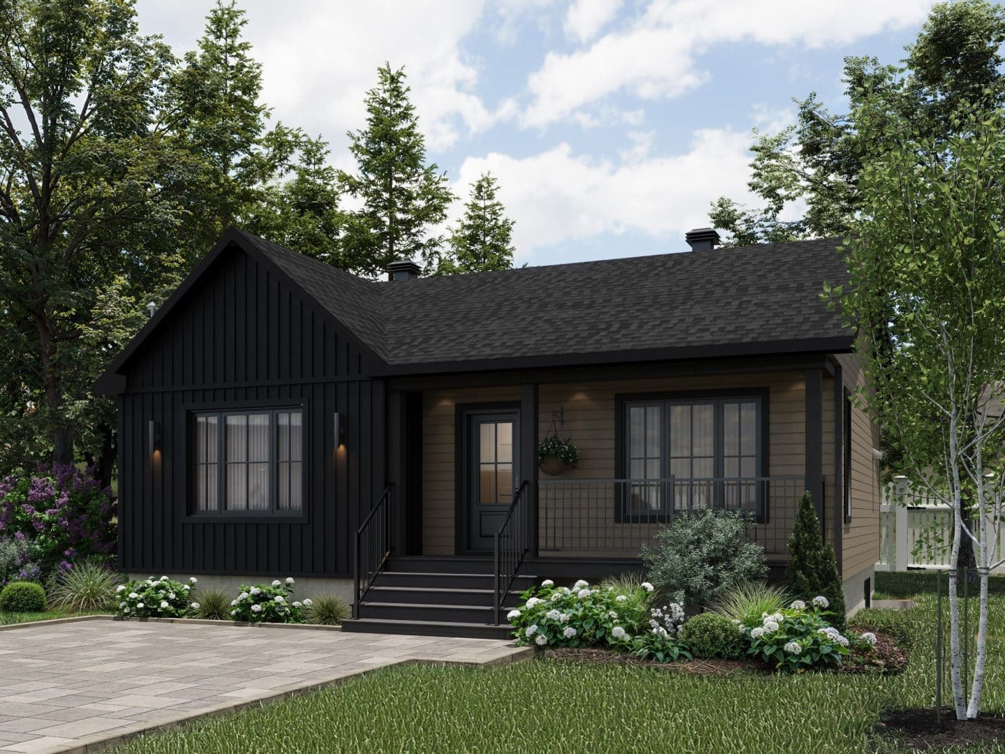 Le modèle Courtoise est un plain-pied de style Classique Farmhouse. Vue de l'extérieur.