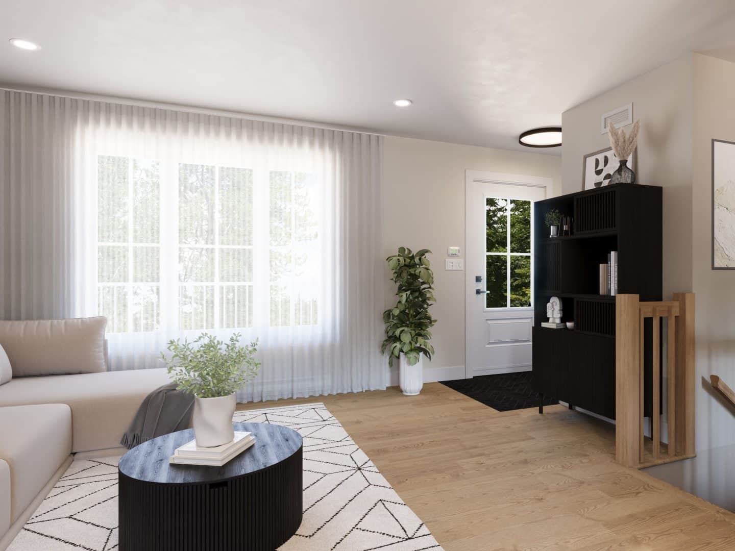 Le modèle Courtoise est un plain-pied de style Classique Farmhouse. Vue du salon.